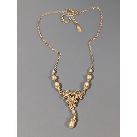 1928 Golden Aurora Borealis Faux Pearl Flower Y-Drop Necklace 19" Elegant - Picture 3 of 11